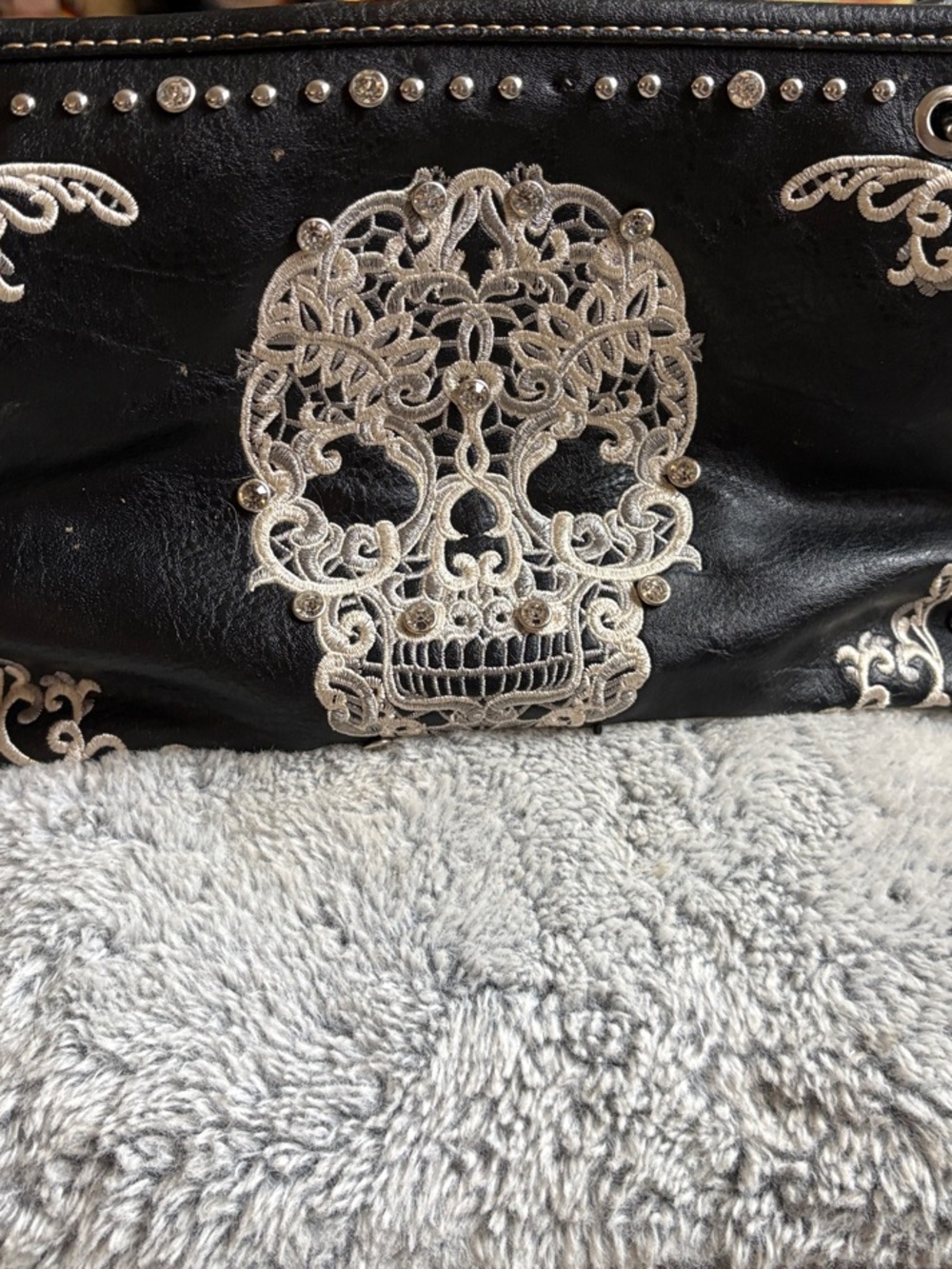 Montana West Black Shoulder Bag with Silver Filigree Skull Accent